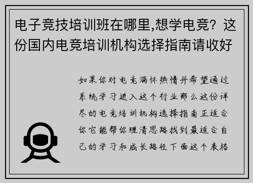 电子竞技培训班在哪里,想学电竞？这份国内电竞培训机构选择指南请收好
